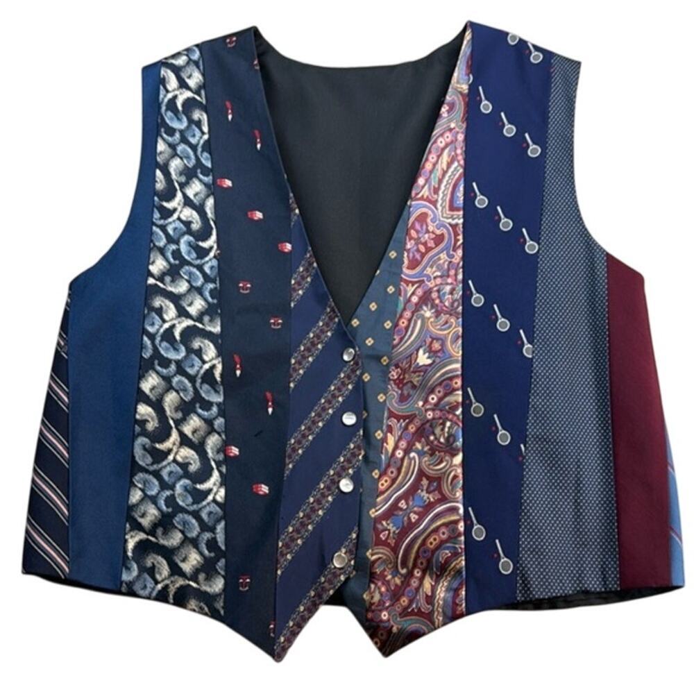 Vintage Handmade Eclectic Funky Print Blue Patchwork Ivory Pearl Snaps 80s‎ Vest